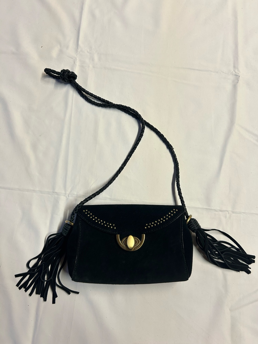 Nanette Lepore Black Suede Crossbody with Braided Strap and Tassels